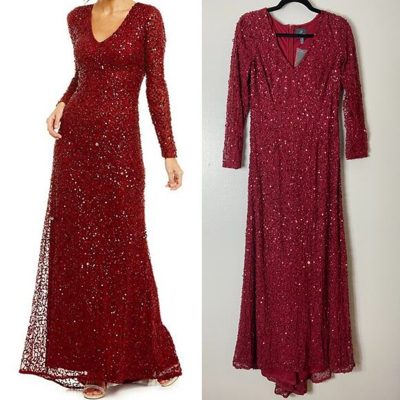 ADRIANNA PAPELL DRESS 6P RED FALL WEDDING GUEST MOB GOWN LONG FORMAL SEQUINS - Picture 1 of 16
